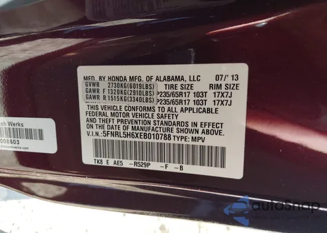 2014 Honda Odyssey Ex-L z USA, uszkodzony, nr VIN 5FNRL5H6XEB010788